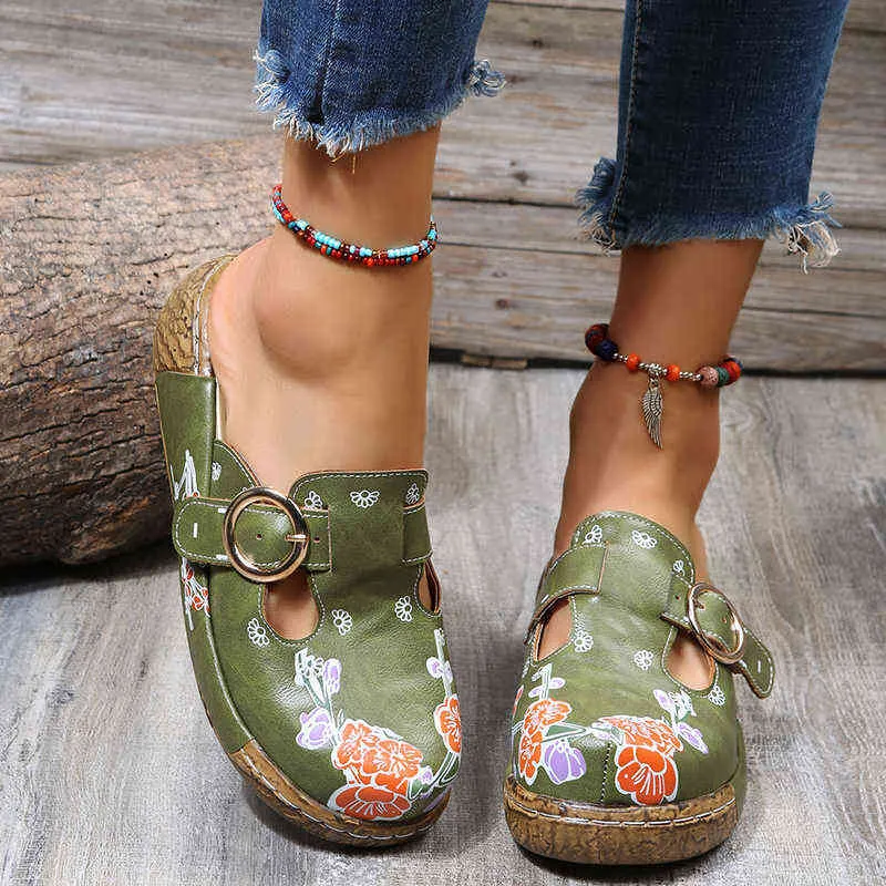 Slippers Summer Women Wedge Sandals Box Toe Buckle Vintage Anti Slip Leather Casual Female Platform Retro Shoes220308