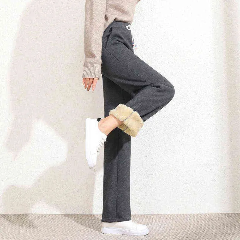 Outono inverno moda coreana mais veludo espessado pants de perna larga mulheres cintura alta morna calças soltas 3xl 211216