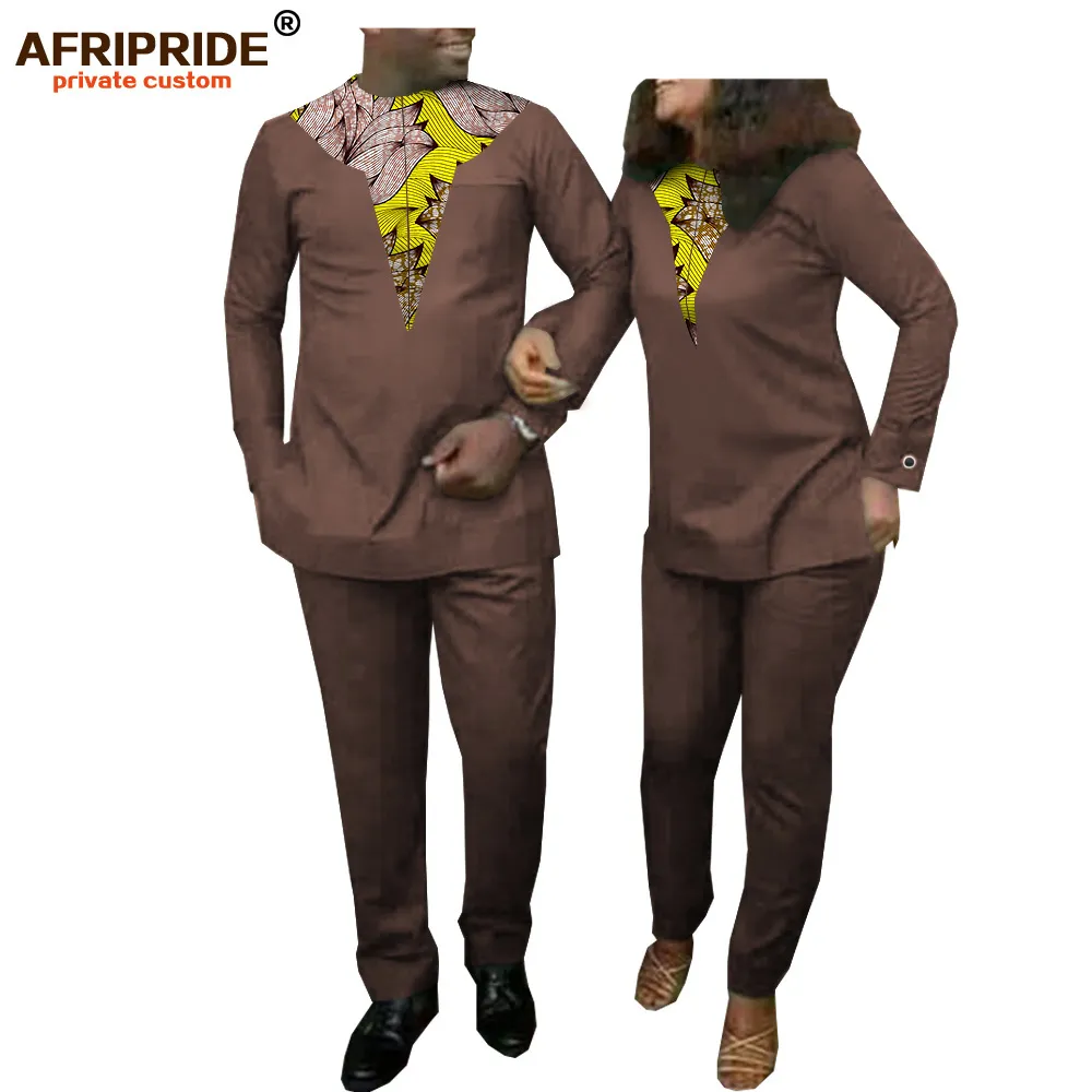 Çift Dashiki için Afrika Giyim Baskı Ankara Erkek 2 Parça Set Kadınlar Set Gömlek Ve Pantolon Suit Kıyafetler Afripride A20C001 X0428