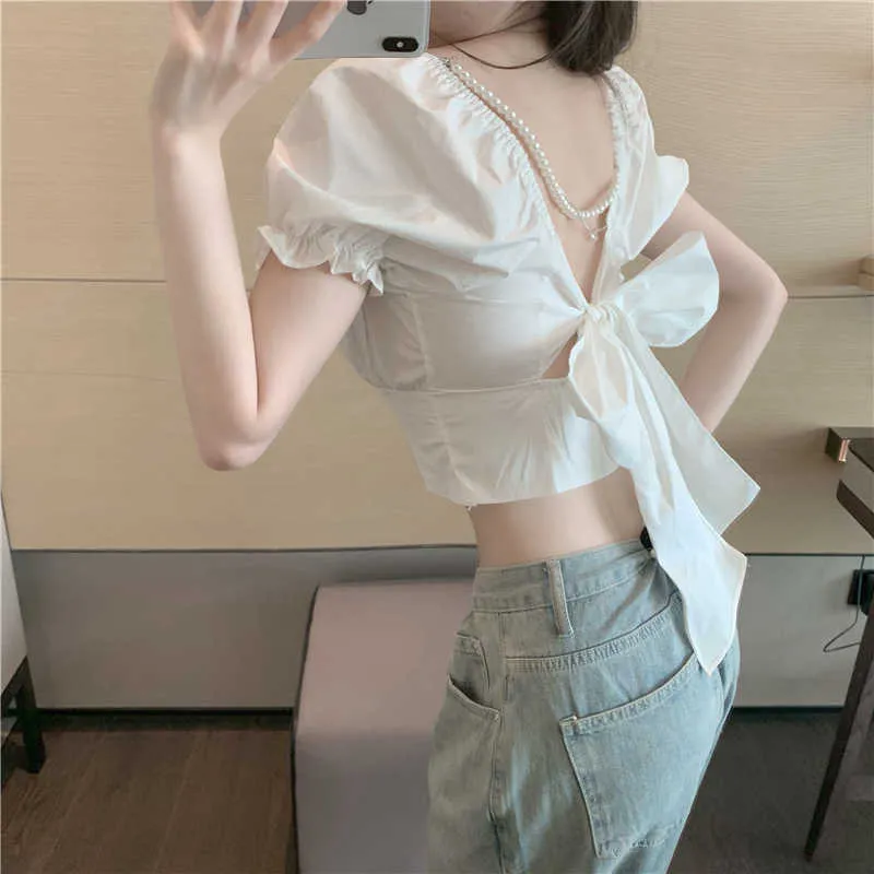 Sexy Fashion Crop Tops Slim White Square Neck Puff Sleeve Backless Blouse Women Bow Blusas Mujer Pink Pearl Chain Shirts Sweet 210610