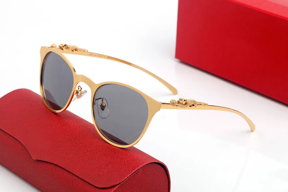 Designer óculos de sol feminino Metal Leopard Head Logo Golden Silver Round Mody Fashion Retro Cat Eye Luxury Glasses Brown Blac272k