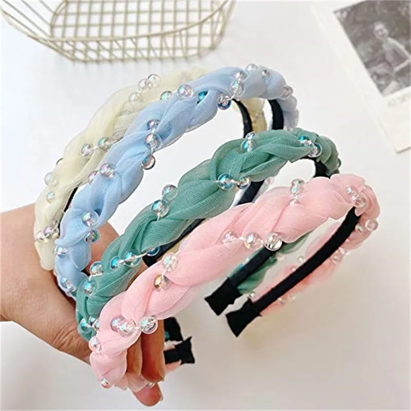 6 pièces bandeaux pour femmes filles haut noeud Organza tresse bandeaux Turban filles bandeaux mode perle Bandana élastique cerceaux de cheveux