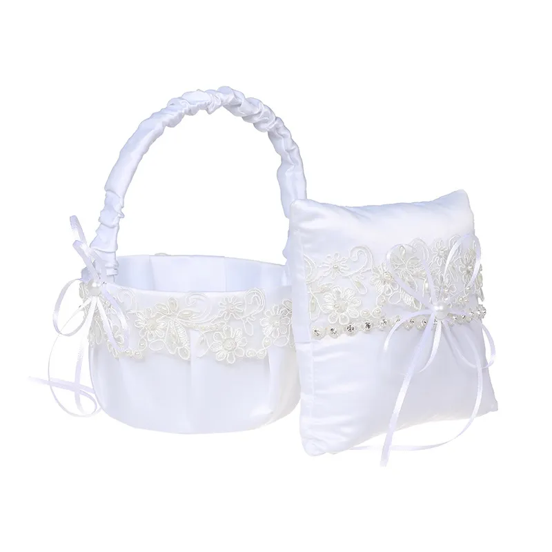 Juego de almohadas de cesta de boda de satén blanco Cojines de portador de anillo Bowknot y cestas de niña de flores de novia H-5681