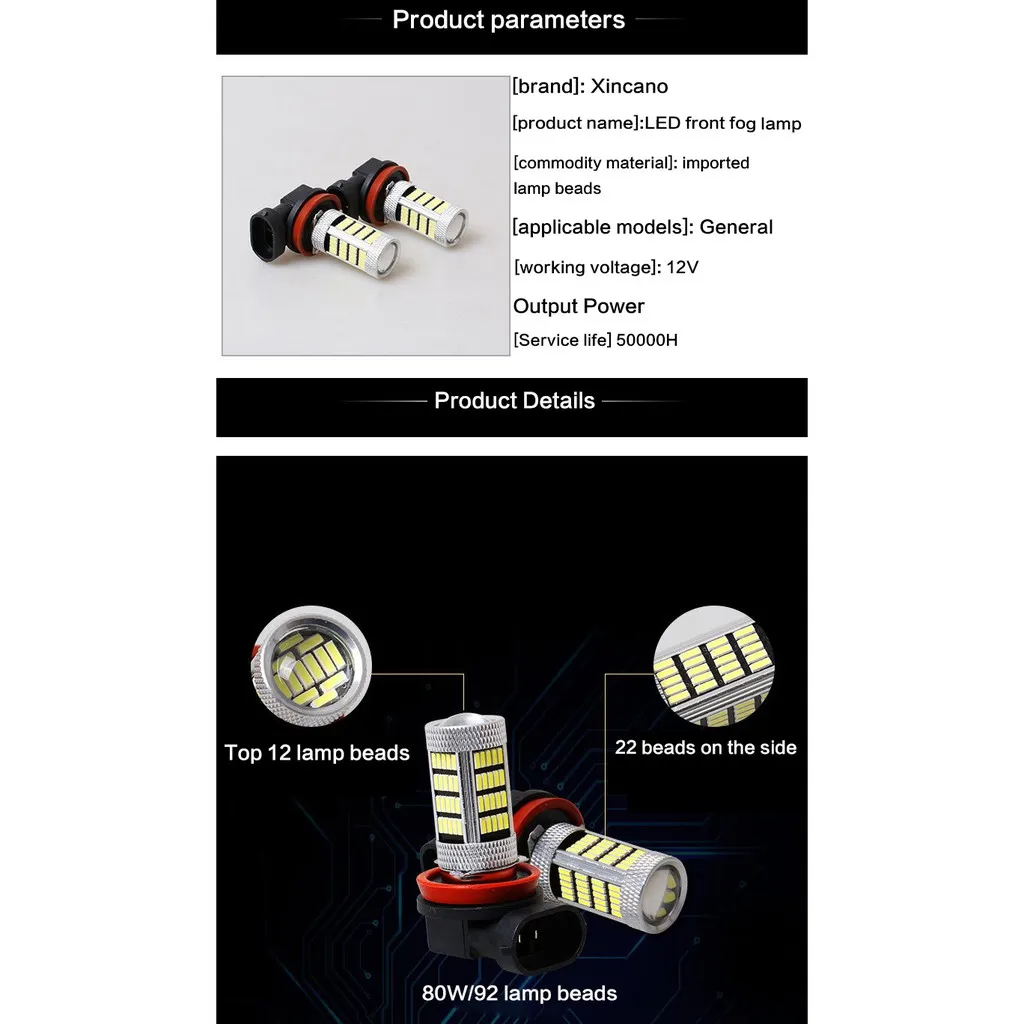 2 pièces voiture LED antibrouillard H7 H8 H11 9005 9006 P13W H16 moto phares antibrouillard H4 H17