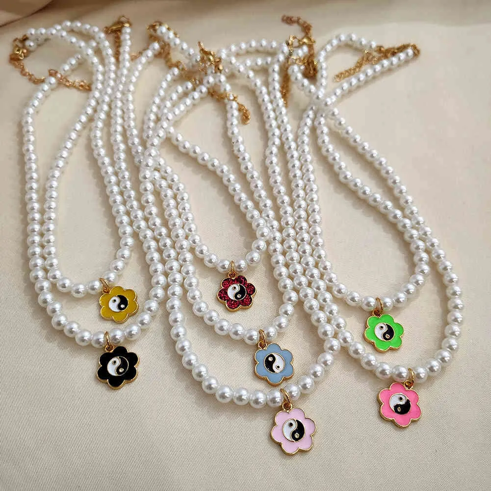 Flatfootsie Ins Tai Chi Yin Yang Fleurs Pendentif pour Femmes Blanc Imitation Perles Collier Ras Du Cou Coréen Bijoux À La Mode