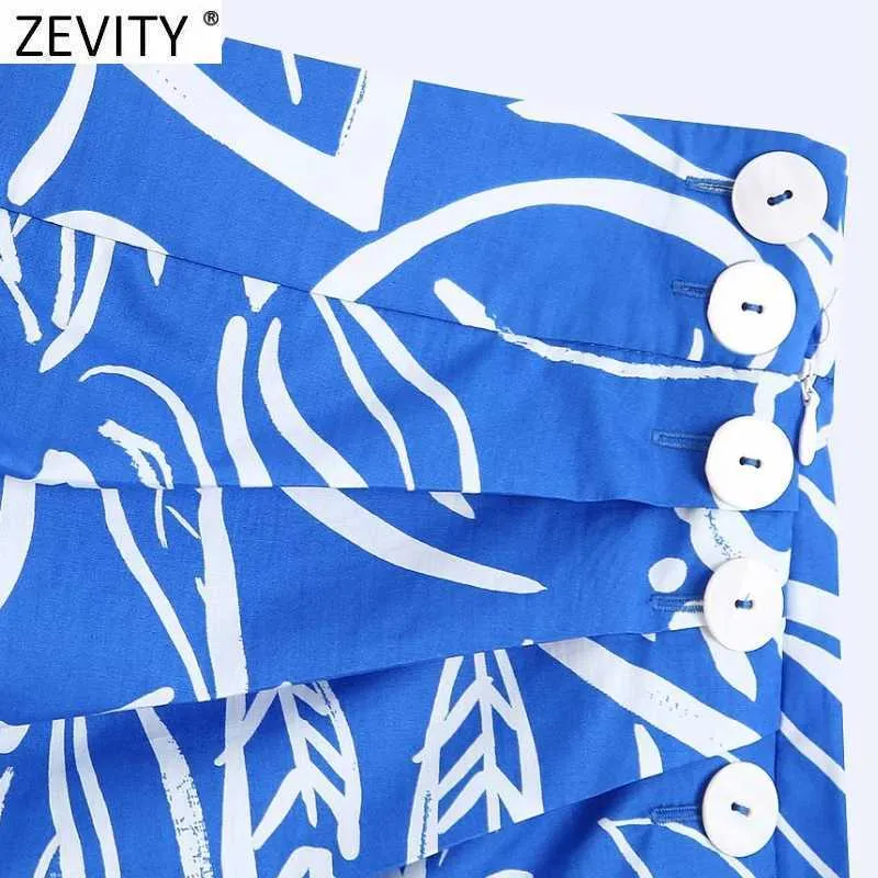 Zevity Women Vintage Pleats Design Floral Print Hem Oregelbundet Skirt Faldas Mujer Kvinna Sida Zipper Knappar Mini Vestidos QUN791 210603