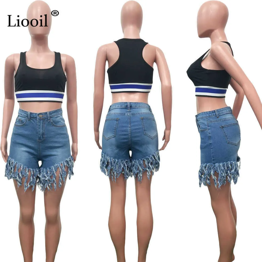 Liooil Neon Tassel Jeans Shorts Femmes D'été Élastique Taille Haute Coton Jean Court Plus La Taille Sexy Denim Club 210719