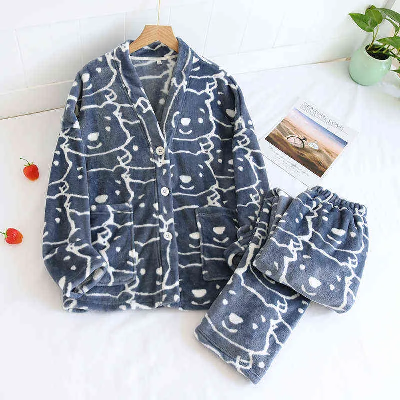 Kış Flanel Çift Pijama Setleri Kalın Sıcak Ev Giyim Pijama Artı Kadife Kadın Gecelik Suit Pijama Femme Pijama 211109