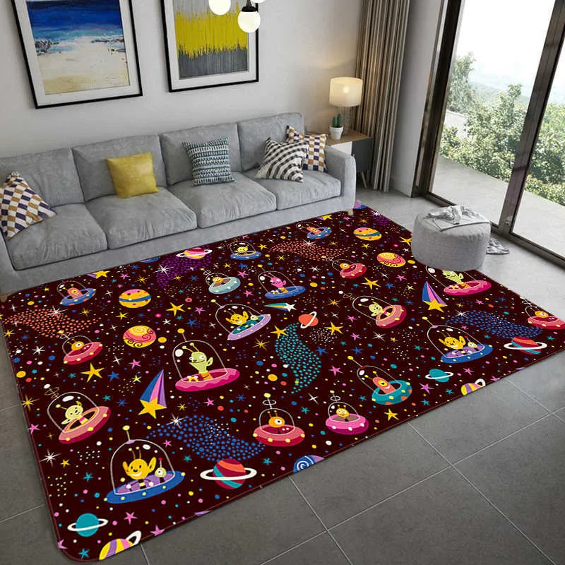 Cartoon Space Universe Planet Matta För Barn Mjuk Flannel Barn Spela Mat Boys Tjej Rum Sovrum Bedside Floor Rug 210626