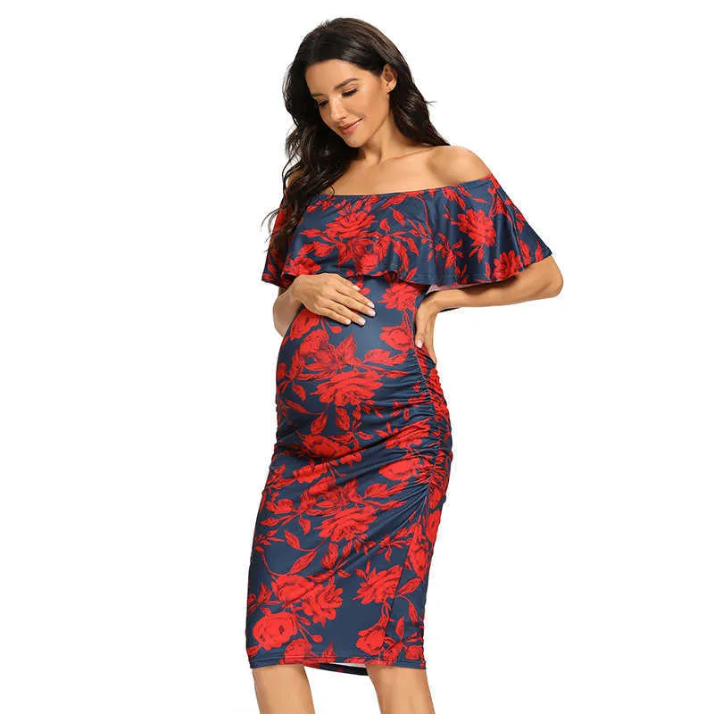 Vestido de maternidad con hombros descubiertos y volantes florales para mujer, ropa de embarazo sin mangas, vestido ajustado elegante para Baby Shower Y0924