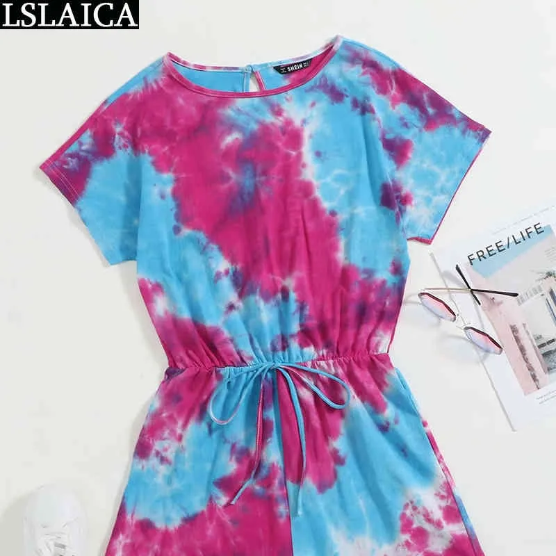 Jumpsuits voor Dames Zomer Tie Dye Korte Mouw O Hals Drawstring Broek Playsuit Plus Size Thuis Kleding Combinaison 210515