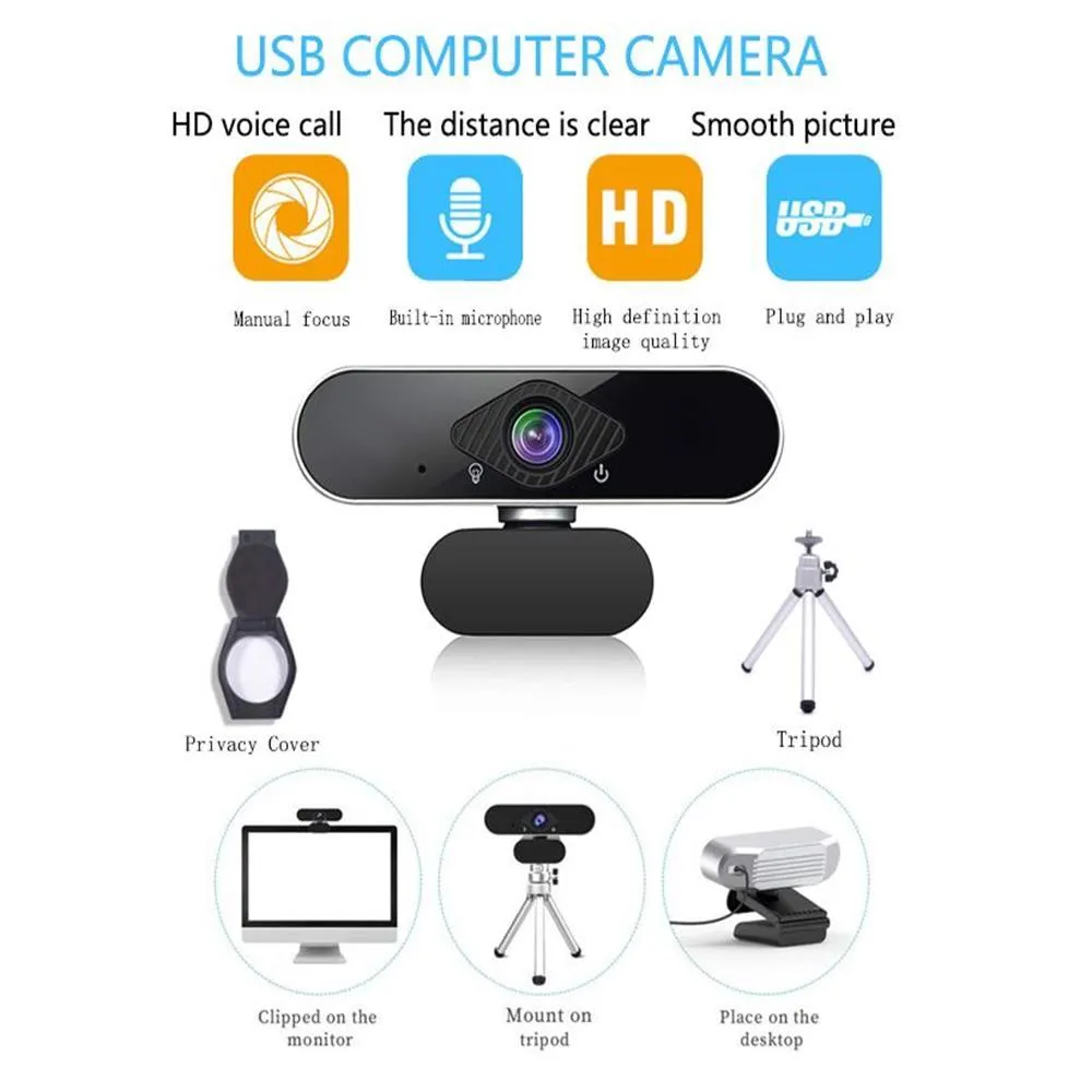 NEW Computer Webcam with Built-in Microphone 2MP Full HD 1080P Widescreen Video Work Home Accessories USB Web Camera PC