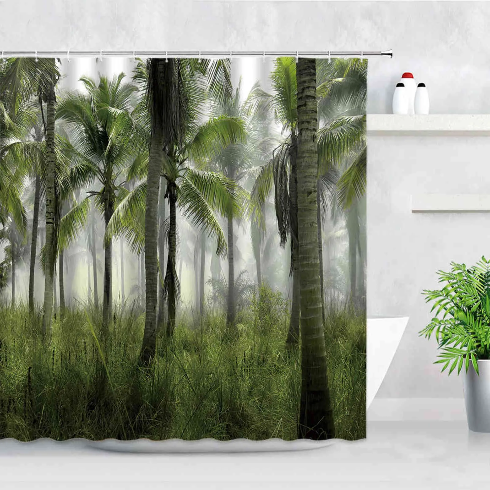 Tropisk växt landskap Dusch gardin uppsättning djungel vattenfall palmblad kokosnöt träd tryck vattentät trasa badrum dekor gardiner 211116