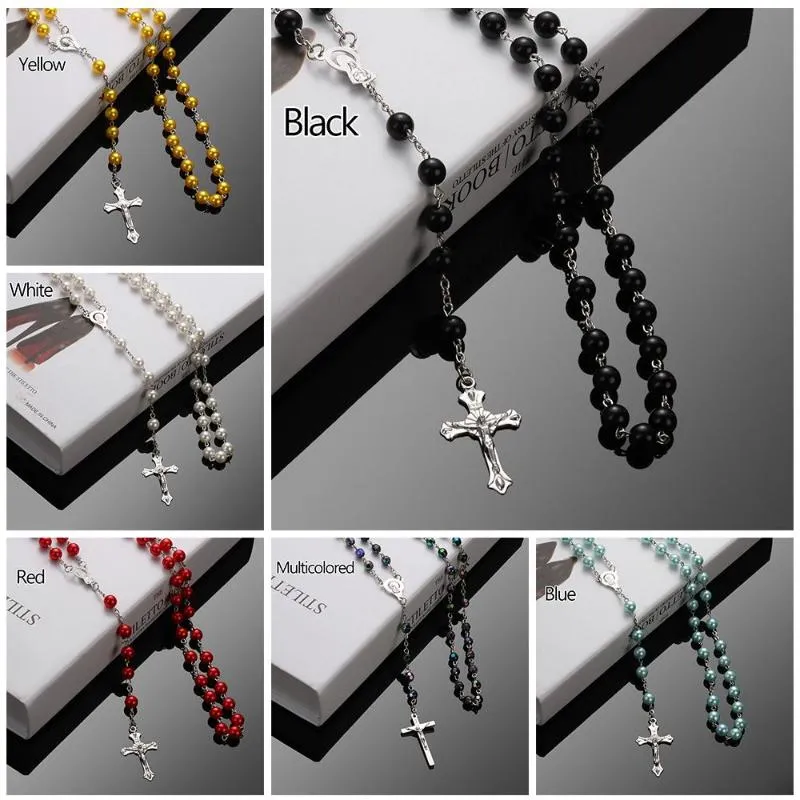 Pendant Necklaces Crucifix Charm Fashion Rosary Beads Chain Jesus Virgin Mary Cross Necklace226E