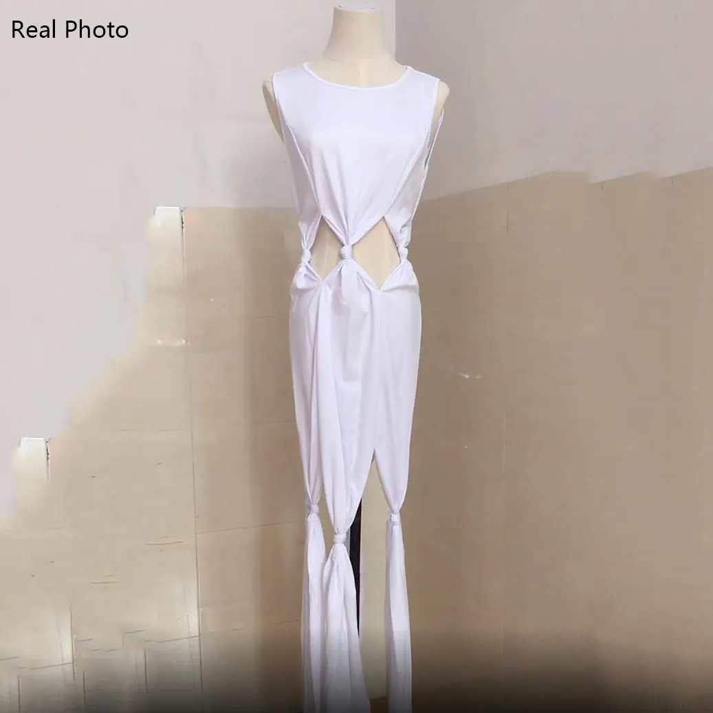 Elegant vit klänning Kvinnor Sexig Hollow Out Tassel Ärmlös Hög midja Sexig kväll Nattklubb Wear Robe Vestidos 2020 Ny Hot X0521