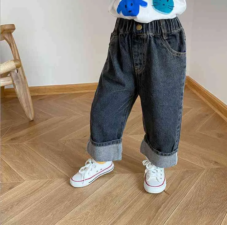 Herfst jongens losse effen kleur alles-match jeans baby meisjes mode zachte denim broek 1-7Y 210508