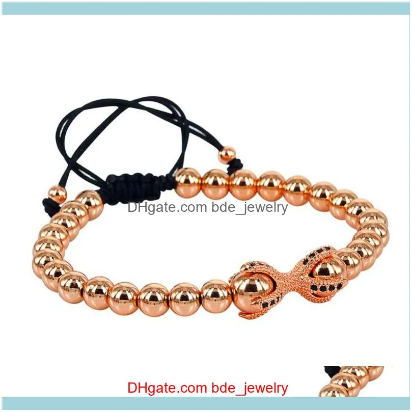 Charm Bracelets KEJIALAI 2021 Anil Arjandas Men Rose Gold Micro Paved CZ Dragon Claw & 6mm Copper Beads Braided Macrame Bracelet