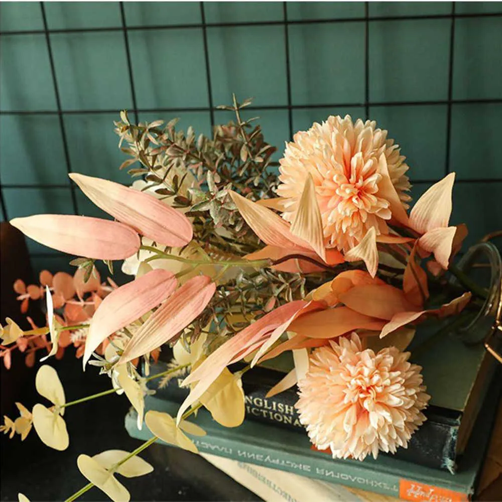INS flores artificiales de alta calidad diente de león peonía ramo híbrido boda planta verde decoración del hogar flor falsa de plástico 210624