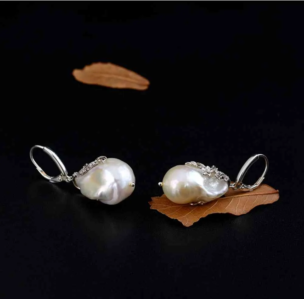 Boucles d'oreilles pendantes en argent Sterling 925, perle d'eau douce, fleur, forme irrégulière baroque, marque de luxe, bijoux fins pour mère