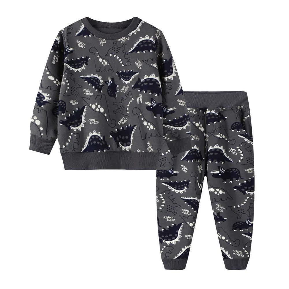 Jumping Meters Dinosaur Set di abbigliamento bambini Moda Ragazzi Ragazze Abiti Animali Stampa 2 pezzi Felpe Pantaloni 210529