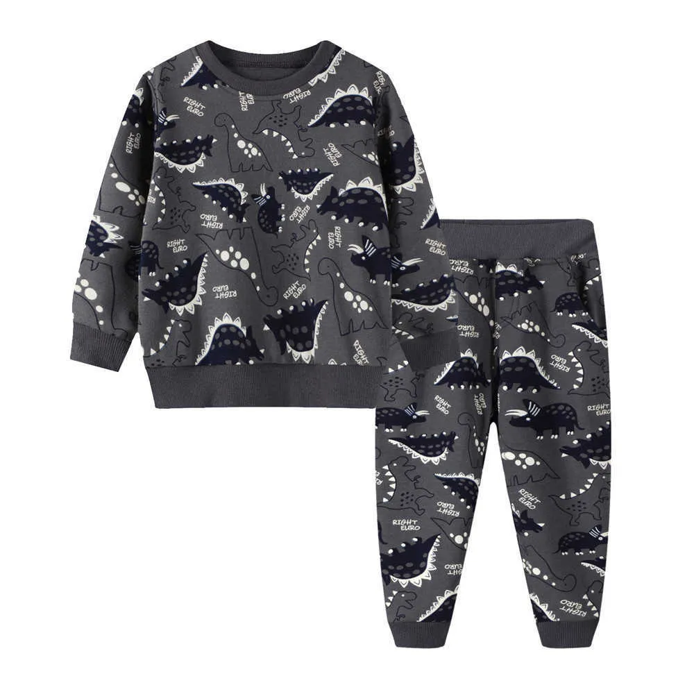 Jumping Metrów Dinozaurów Zestawy odzieżowe dla dzieci Moda chłopcy Dziewczyny Stroje Zwierzęta Drukuj 2 Sztuk Bluzy Spodnie 210529