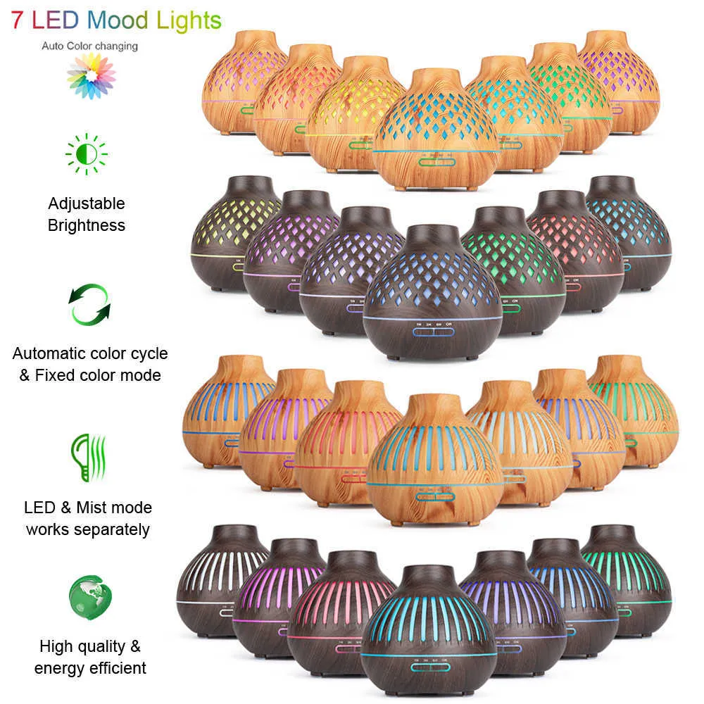 400mlのスマート超音波香りの木の穀物の拡散具精油アロマテラピークールミスト加湿器のためのホームオフィス210724