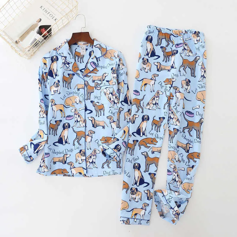 Kadın Erkekler Pijama Köpek Baskı Fırçalı Pamuk Pijama 2 Parçası Set Uzun Kollu Elastik Bel Pantolon Lounge Nightwear Pijamalar S80001 2105334316