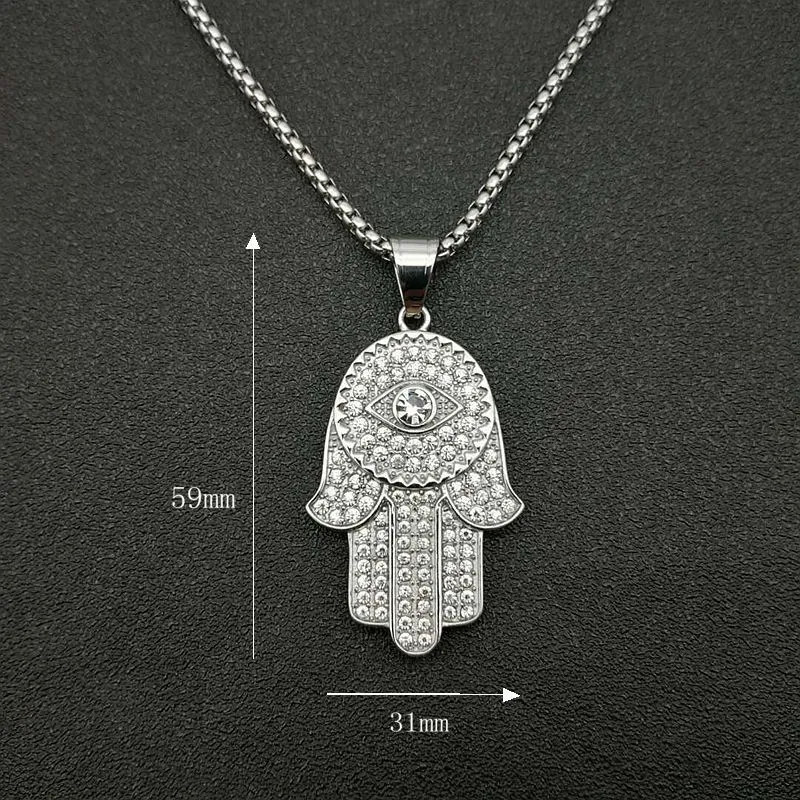 Hip Hop glacé Hamsa main de Fatima oeil turc pendentif collier couleur or chaîne en acier inoxydable pour hommes bijoux goutte