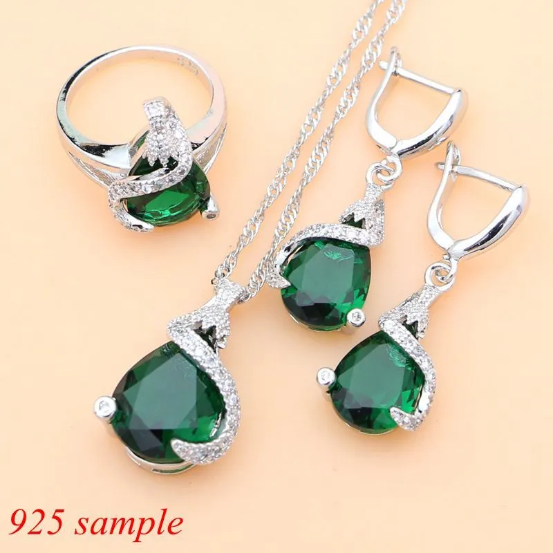 925 Silver smycken set Green CZ för älskare örhängen med sten turkiska dekorationer dropp1540332