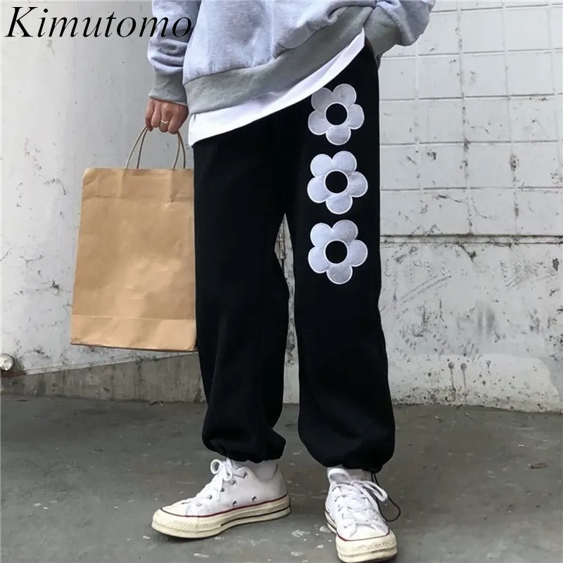 Kimutomo blommig broderi byxor kvinnor våren höst mode kvinnlig hög midja svart cross-byxor streetwear lös 210521