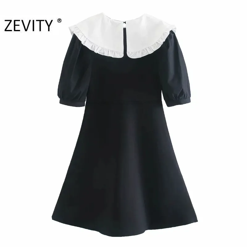 Zevity New Women甘いアガリックレースホワイトピーターパンカラーパッチワーク編み物ブラックミニドレス女性半袖Vestido DS4586 210419