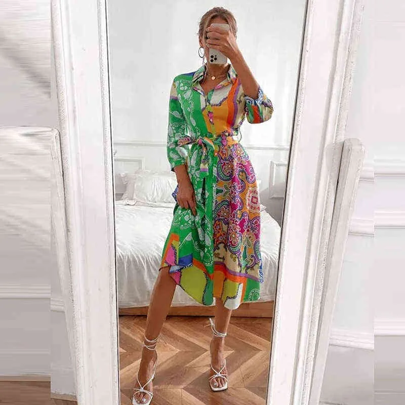 Jesień Elegancka Biuro Lady Długa Dress Moda Kobiety Z Długim Rękawem Lapel Koszula Sukienka Single-Piersi Print Lace-Up Luźna Sukienka Maxi Y1204