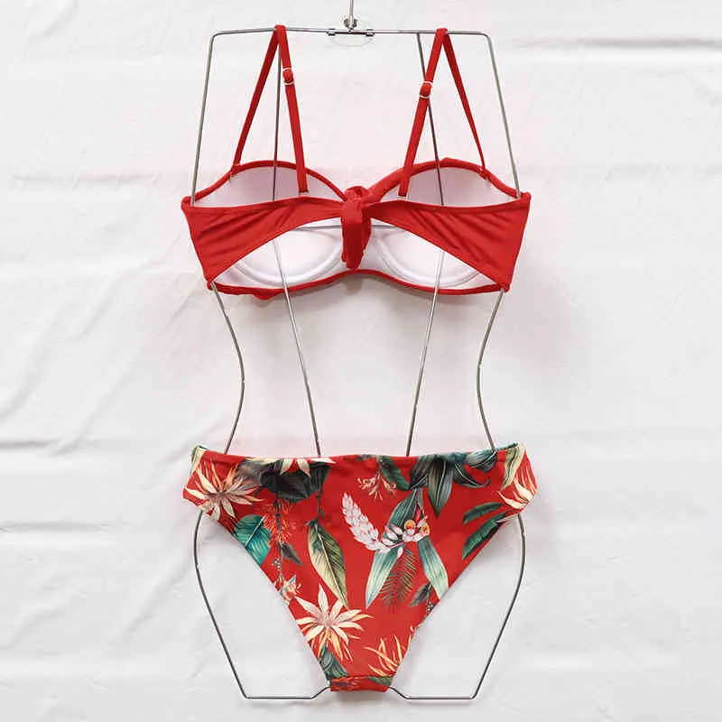 Riseado Sexy Bikinis Push Up Swimwear Women Red Swimsuits Ruffle Bikini Set Floral Print Swim Wear Strap Bathing Suit 210407
