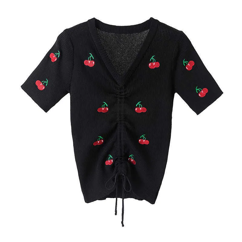 桜の刺繍Vネック半袖セーターボトムシングシャツ女性のTシャツ緩い薄いソリッドカラープルオーバー春夏210604