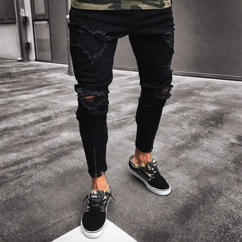 Moda Mężczyźni Ripped Biker Jeans Streetwear Slim Denim Spodnie Elastyczne Skinny Zniszczone Hip Hop Zip Czarne Dżinsy Dorywczo Spodnie