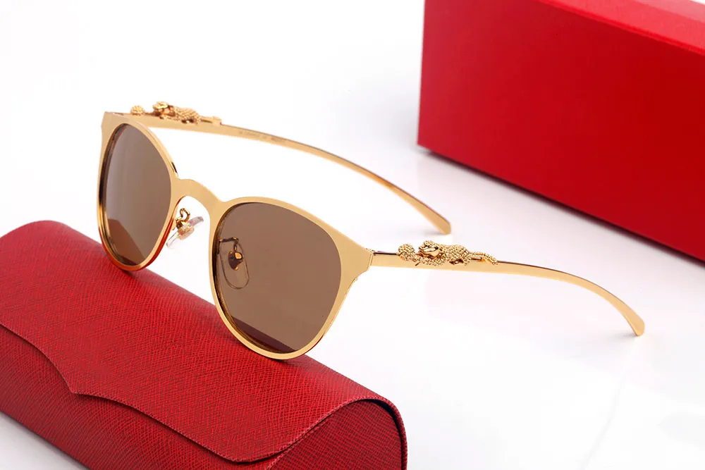 Designer Sunglasses Women Metal Leopard Head Logo Golden Silver Round frame Modern fashion retro Cat eye luxury glasses Brown blac211J