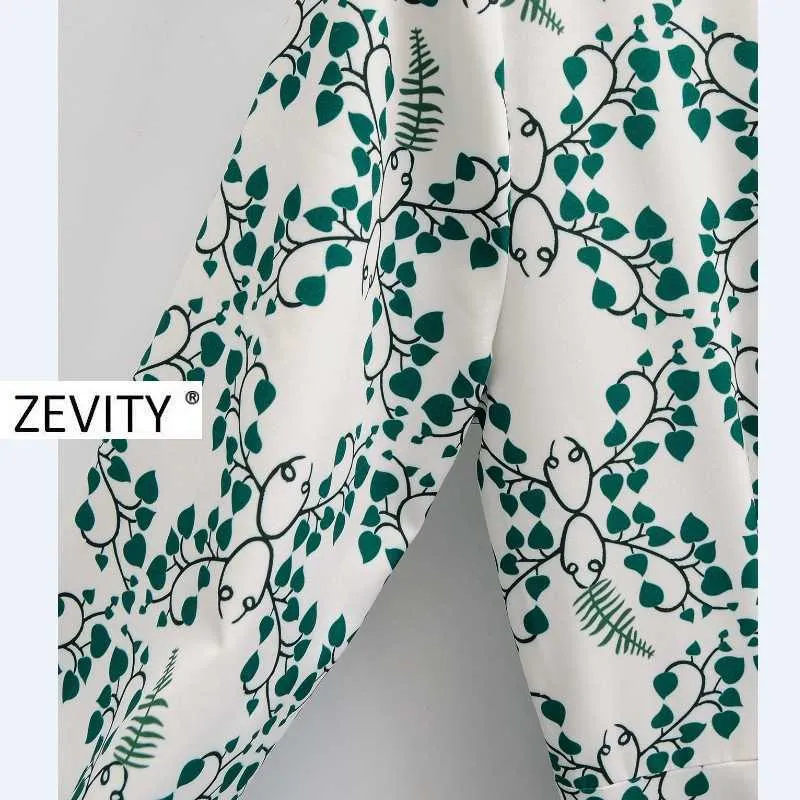 Zevity Women vintage o neck long sleeve green leaves print shirt dress office lady breasted vestido chic midi Dresses DS4205 210603