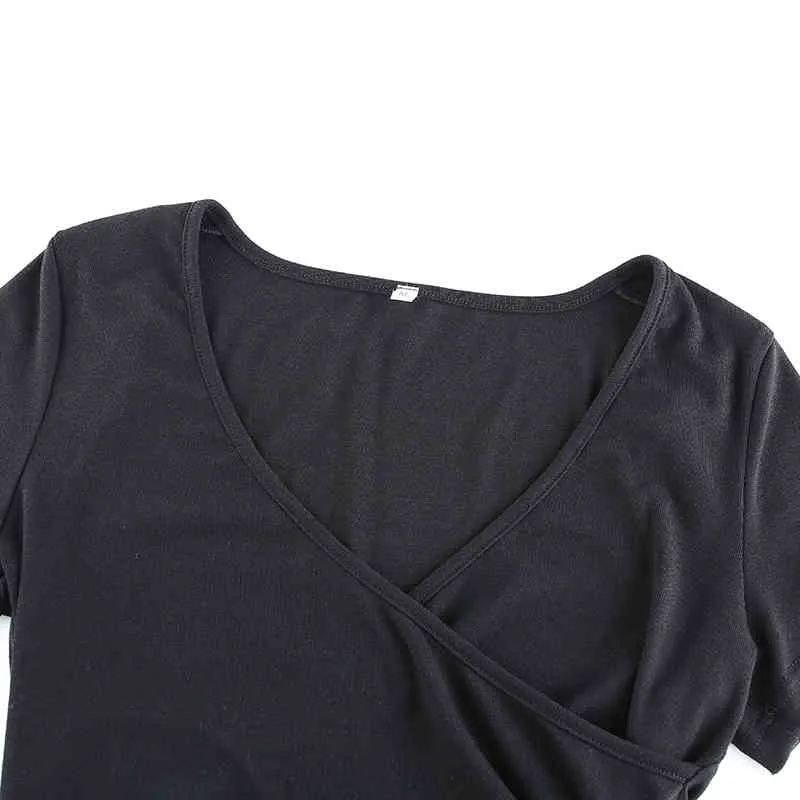 Rockmore żebrowane Głębokie V-Neck Sexy Skinny Tshirts Kobiety Solid Crop Top Top Krótki Rękaw Summer Criss Cross Bandaż Podstawowe Koszule Casual Y0508