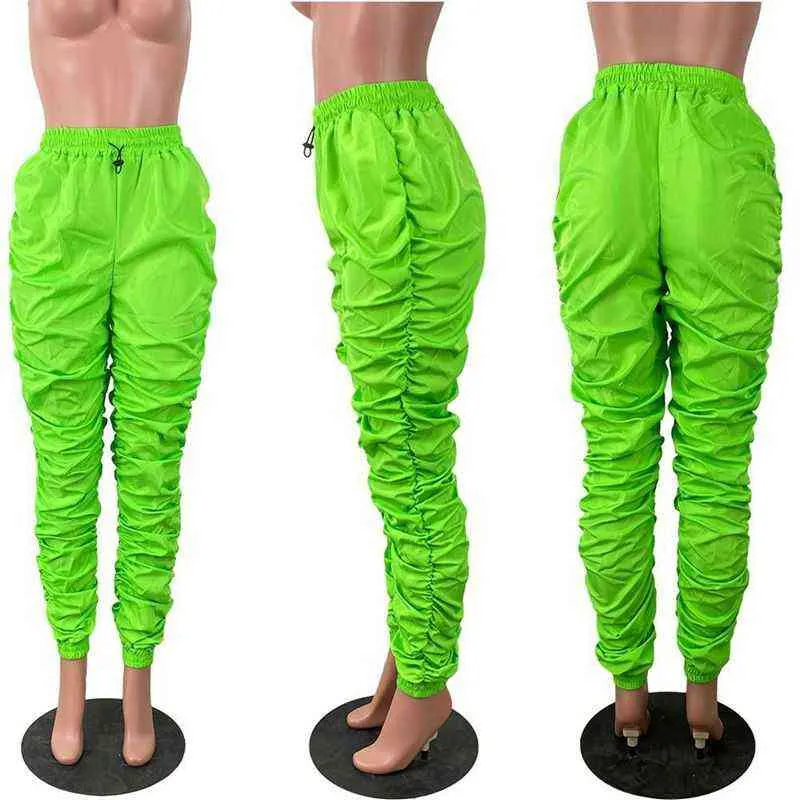 HAOYUAN Plus Size Vita alta Pantaloni cargo increspati Donna Pantaloni elastici Pantaloni neon verde nero Estate Hip Hop Pantaloni sportivi larghi Y211115