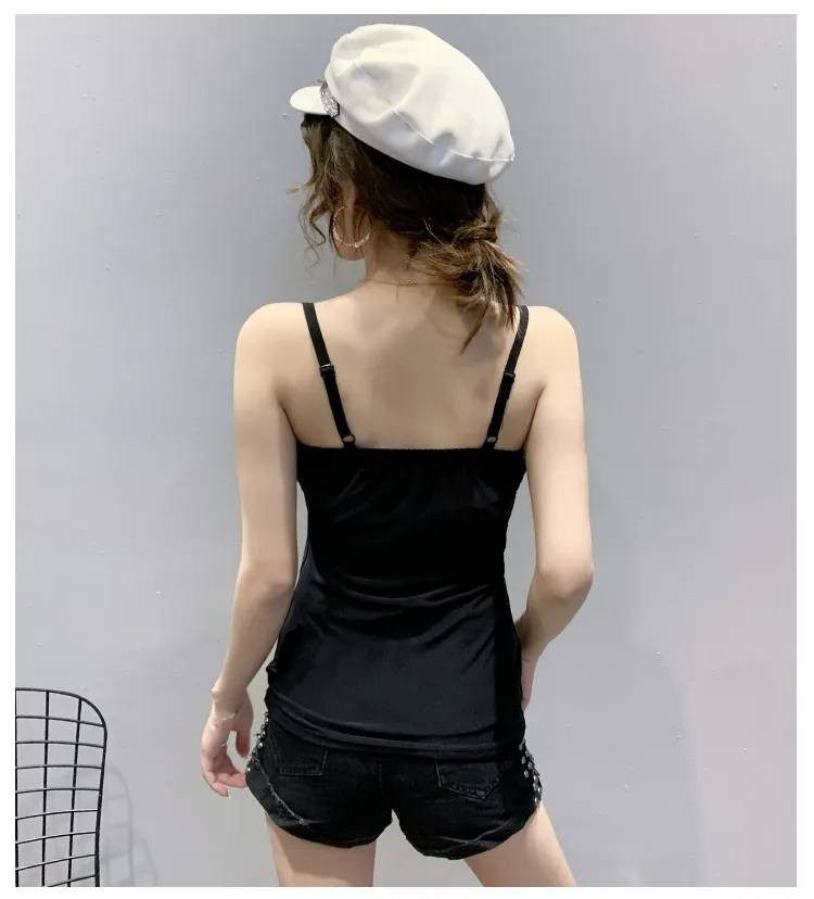 Sexy Women Camis Summer Double-Layer Black Mesh Diamonds Slim Fit Fashion Korean Plus Size Strappy Tops Clothes 9497 210417