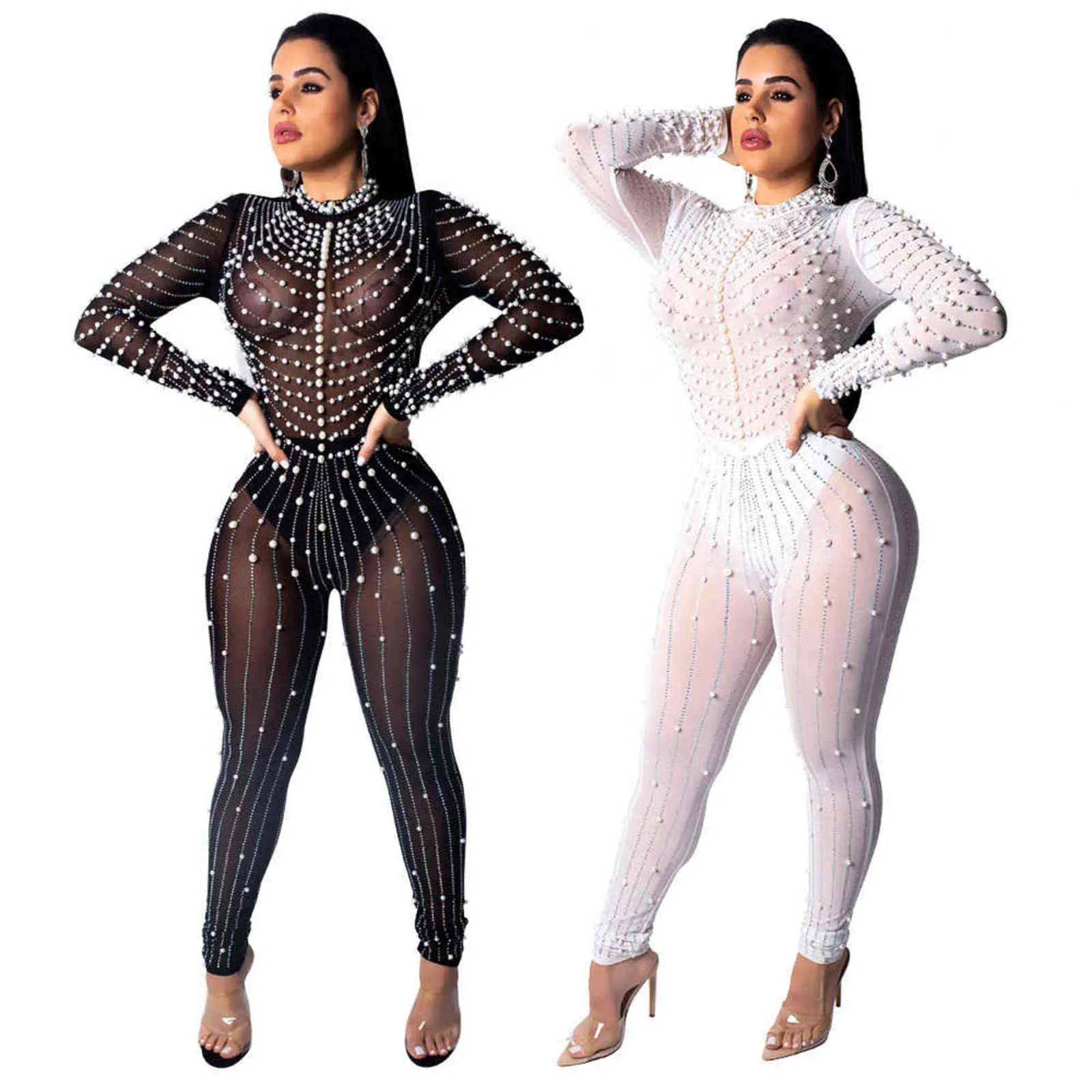 Sheer Mesh Rhinestones Beading Women Romper Höstkläder Långärmad Se genom Midnight Club Party Bodycon Bodysuit 211116