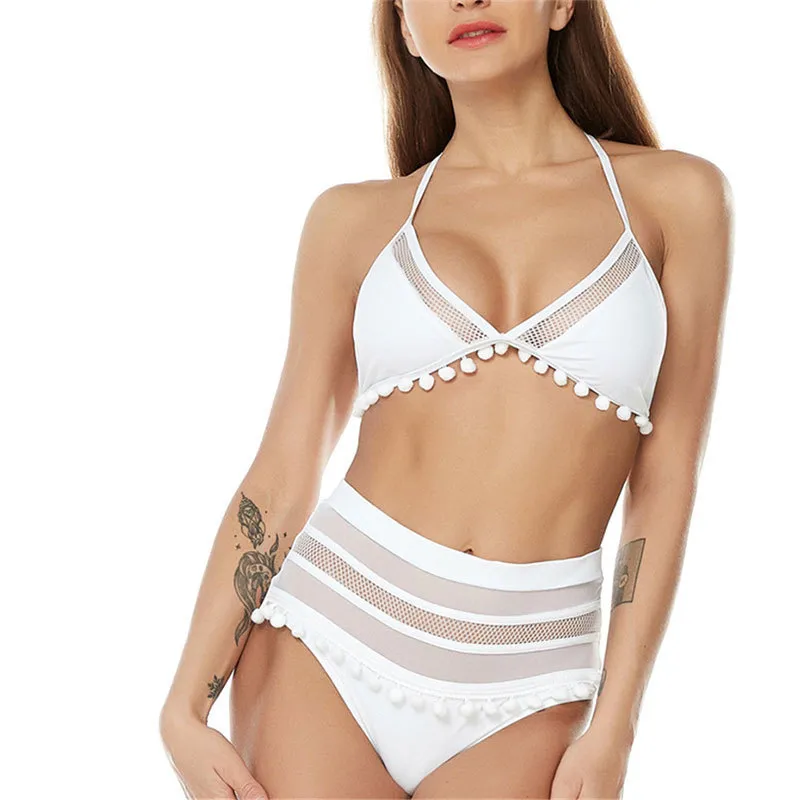Sexy mesh uitgehold bikini set vintage kwasten halsterbadpak hoge taille plus size badmode bikinis 2 stuks pakken B424 210420