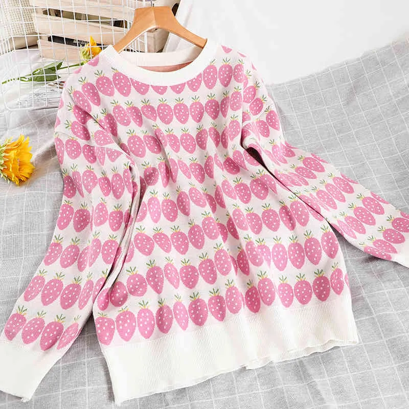 Kimutomo Morango Impressão Camisola Mulheres O-pescoço de Manga Longa Malha Pullover Estilo Japonês Meninas Bonito Doce Moda Doce 210521