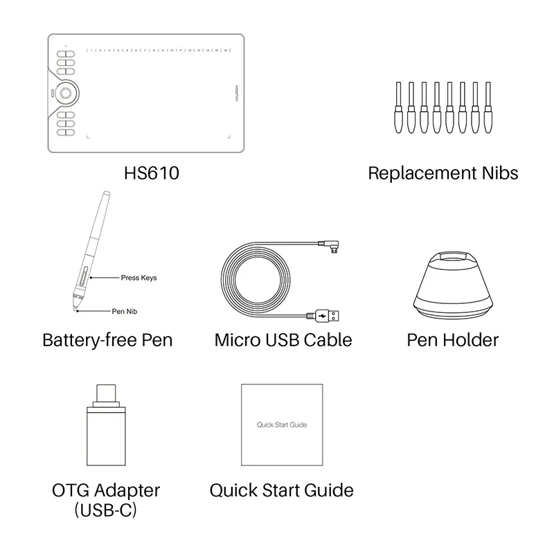 Huion HS610 Graphic S Digital Pen Telefoon Tekening Tablet met Tilt OTG Batterijvrije Stylus Android Windows MacOS