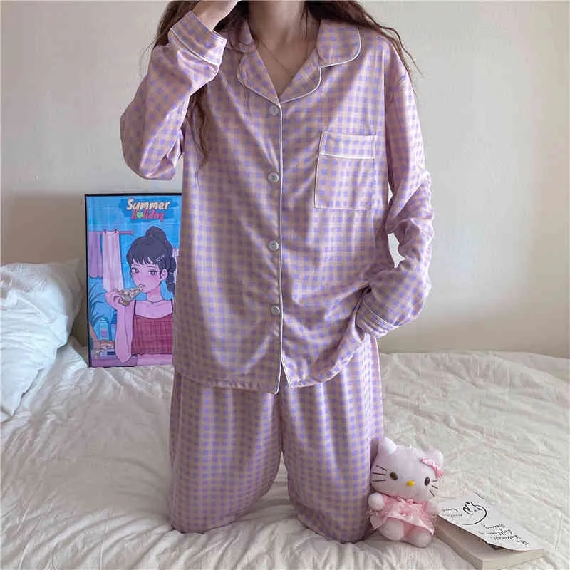 Vêtements de nuit Femmes Lâche Plaid Homewear Coton Chic Femme Vintage Doux Casual Doux Couleur-Hit Pyjamas Ensembles 210525
