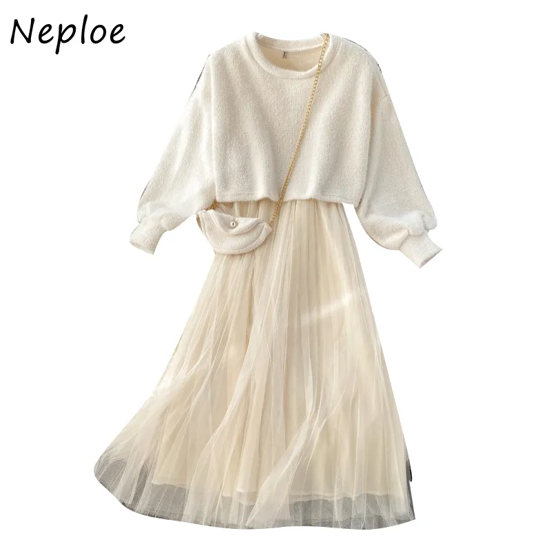 Neploe Korean Chic Multicolor Conjunto de mujeres O Cuello Suéter de punto de manga larga + Falda plisada de cintura alta Traje de primavera Slim 210423