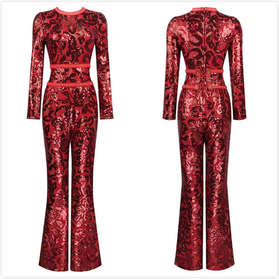 Gratis högkvalitativa kvinnor röd sequin jumpsuit o-neck långärmad bälte bodycon elegant klubb parti flare 210524