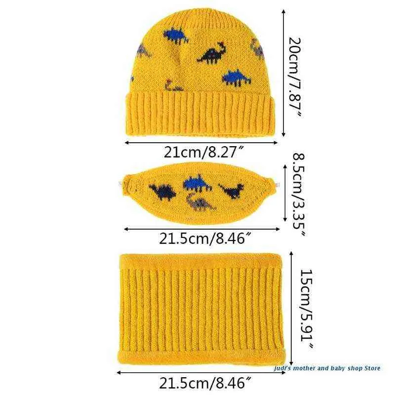 67jc 3 pièces bébé chaud hiver chapeau écharpe masque ensemble tricoté dinosaure Jacquard bonnet bouche couverture Kit pour enfant