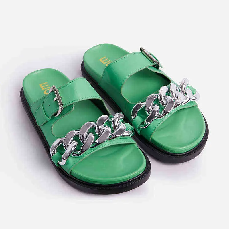 Chinelos de Metal Chain de Metal Mulheres Plataforma de Praia Slides Verão Senhoras Sandálias Plana Khaki Branco Preto Sapatos Verdes Zapatos de Mujer 220304