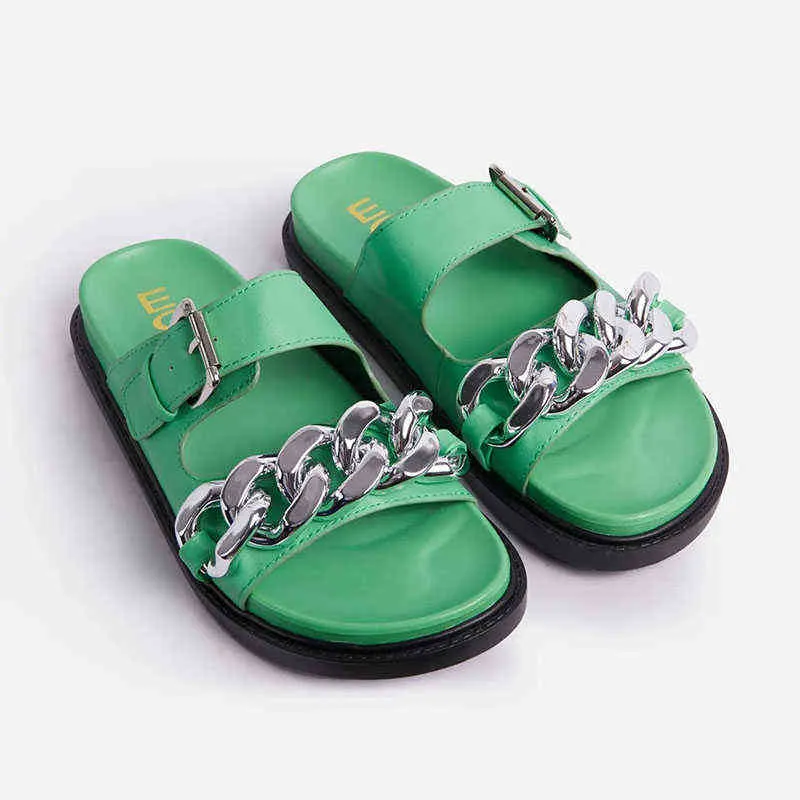 النعال سلسلة معدنية المرأة شاطئ منصة الشرائح الصيف السيدات الصنادل المسطحة الكاكي الأبيض الأسود الأخضر الأحذية zapatos دي موهير 220304